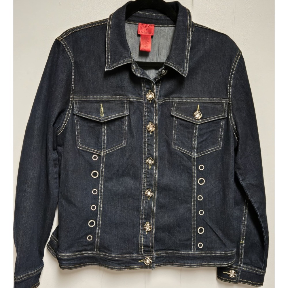 V‎ Cristina dark wash denim jacket gold button eyelet detail size L